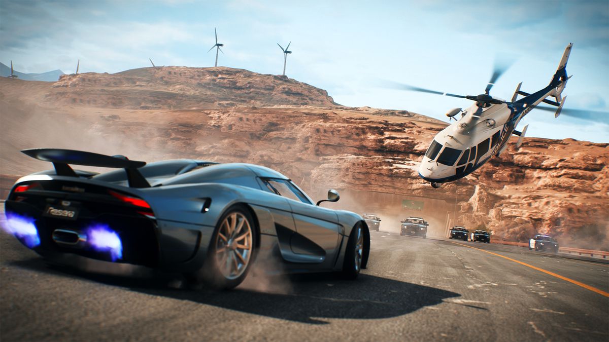 Cinema de Need For Speed con un auto y un helicóptero