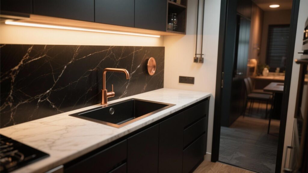 fregadero de cocina con accesorios en bronce