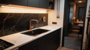 fregadero de cocina con accesorios en bronce